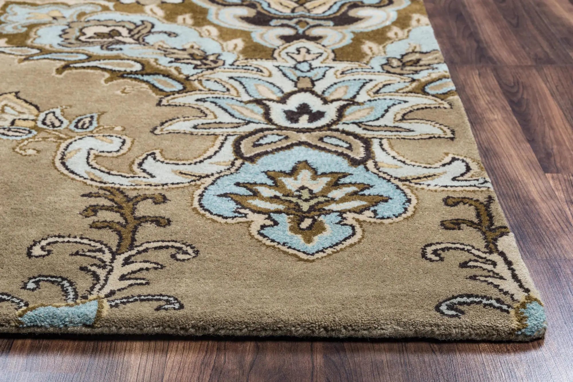 5' X 8' Brown Dark Brown Blue Khaki And Tan Wool Damask Hand Tufted Area Rug Homeroots Home Decor