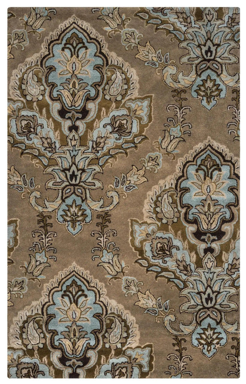 5' X 8' Brown Dark Brown Blue Khaki And Tan Wool Damask Hand Tufted Area Rug Homeroots Home Decor