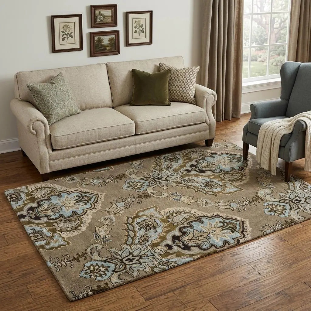 5' X 8' Brown Dark Brown Blue Khaki And Tan Wool Damask Hand Tufted Area Rug Homeroots Home Decor