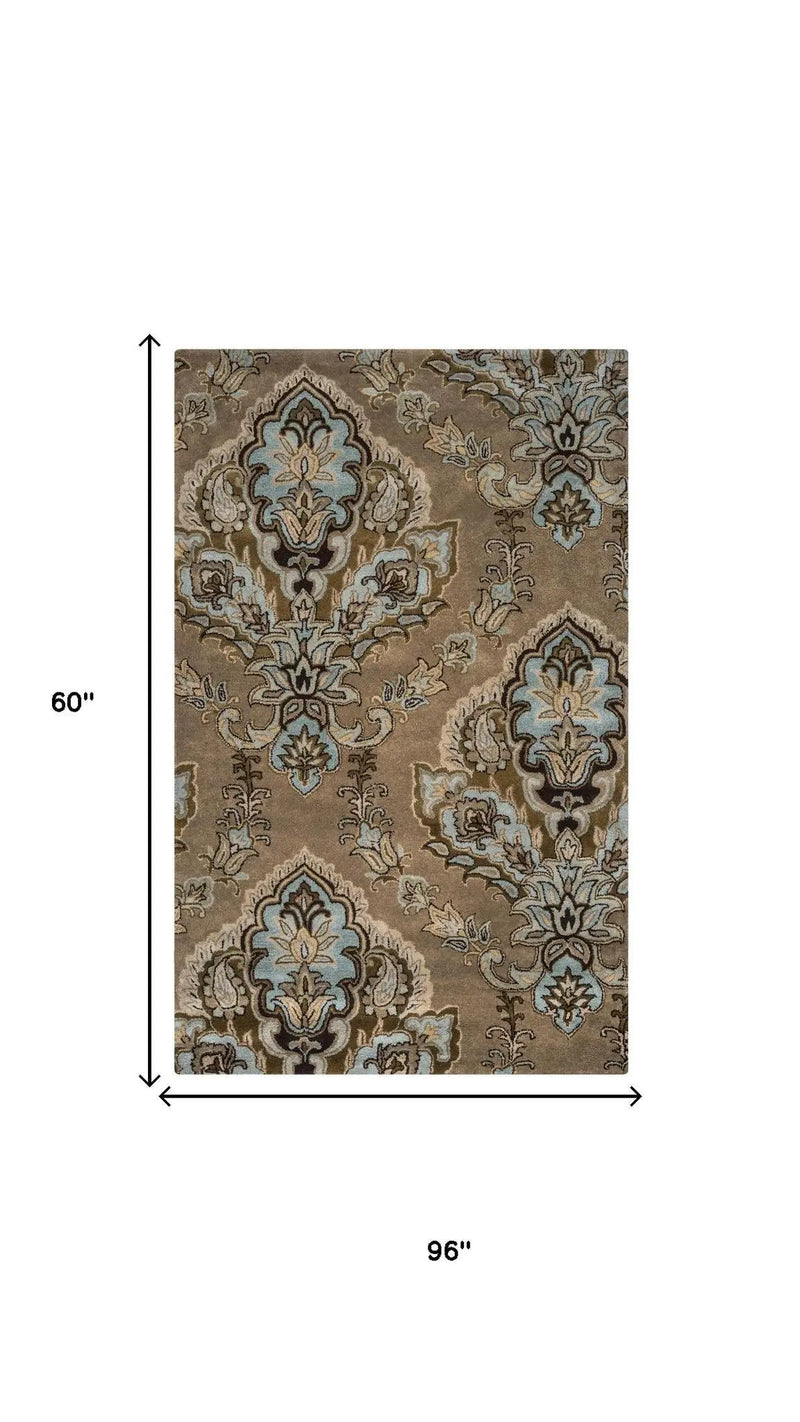 5' X 8' Brown Dark Brown Blue Khaki And Tan Wool Damask Hand Tufted Area Rug Homeroots Home Decor