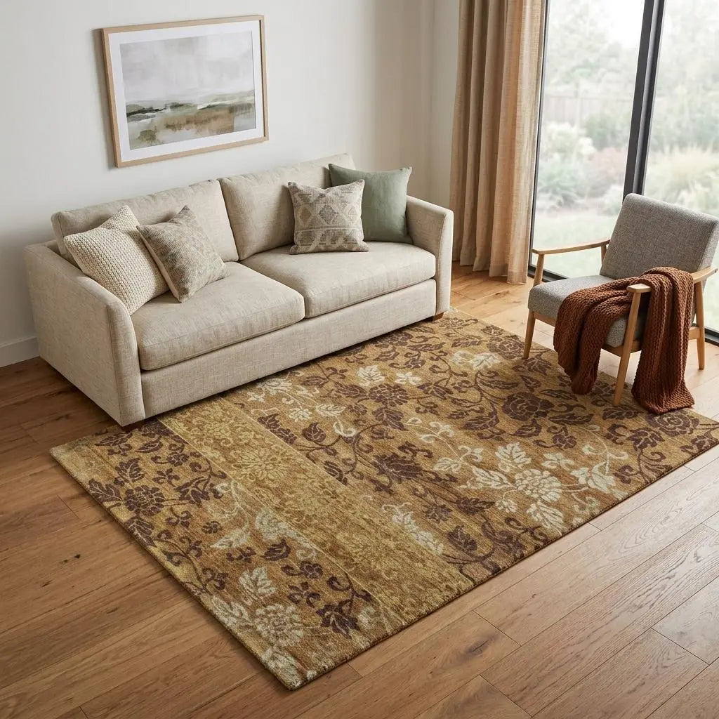 5' X 8' Brown Gold And Tan Floral Hand Knotted Area Rug Homeroots Home Decor