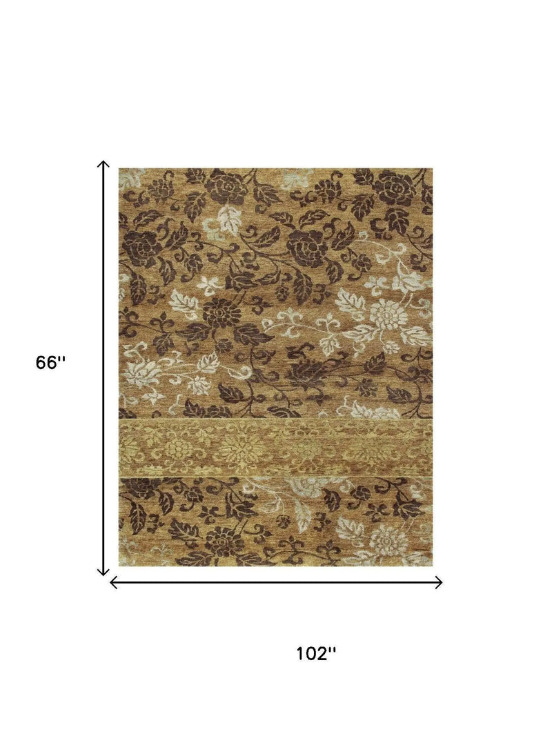 5' X 8' Brown Gold And Tan Floral Hand Knotted Area Rug Homeroots Home Decor
