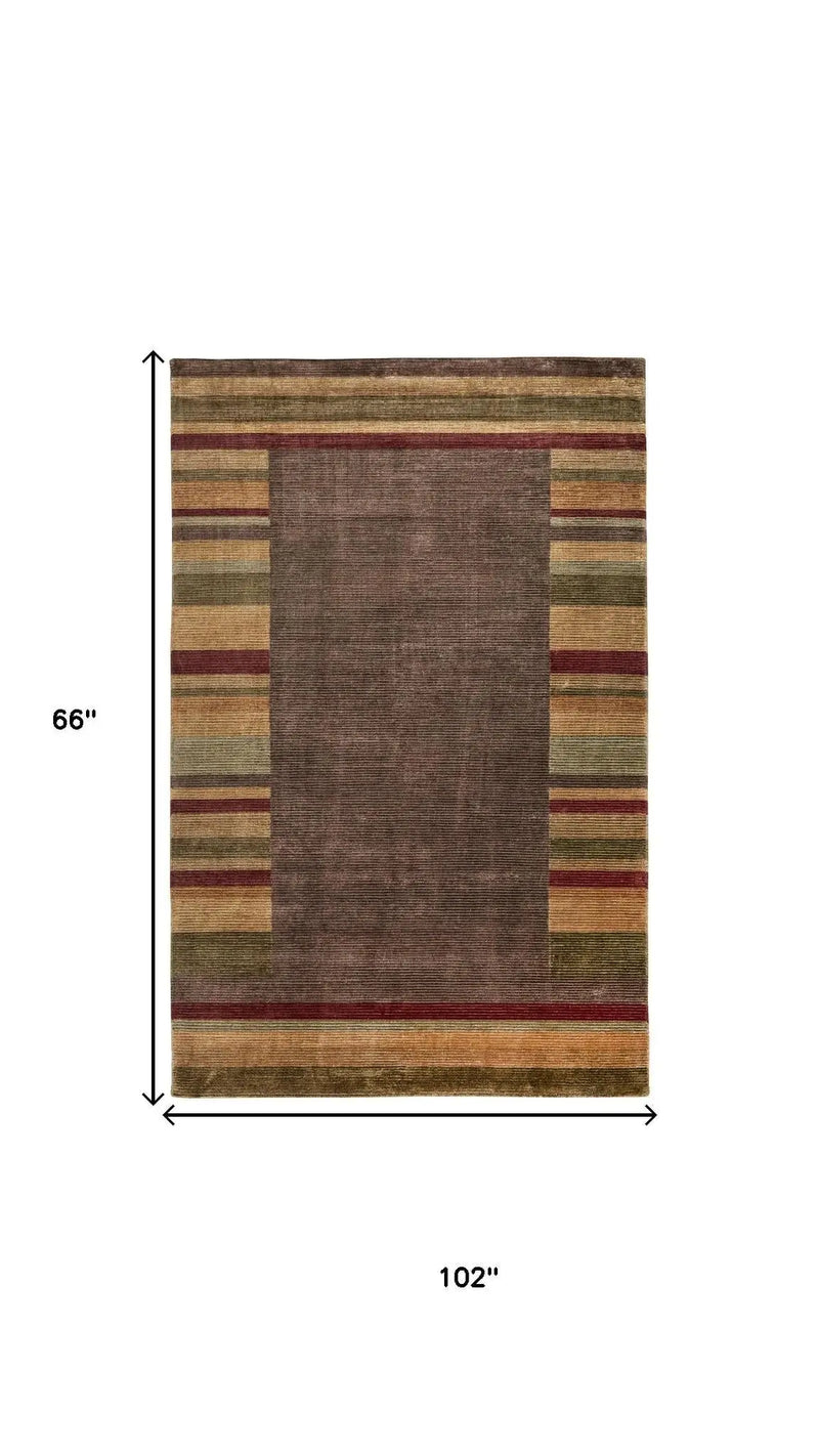 5' X 8' Brown Green And Red Striped Hand Knotted Area Rug Homeroots Home Decor