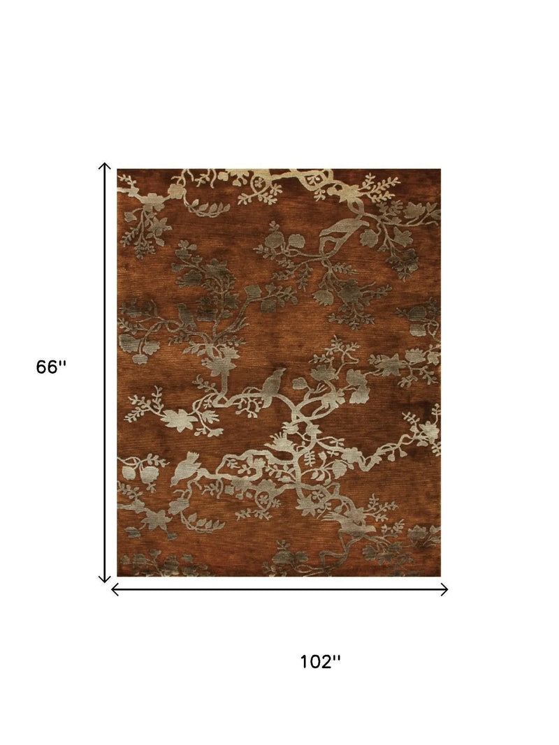 5' X 8' Brown Orange And Silver Wool Floral Hand Knotted Area Rug Homeroots Home Decor