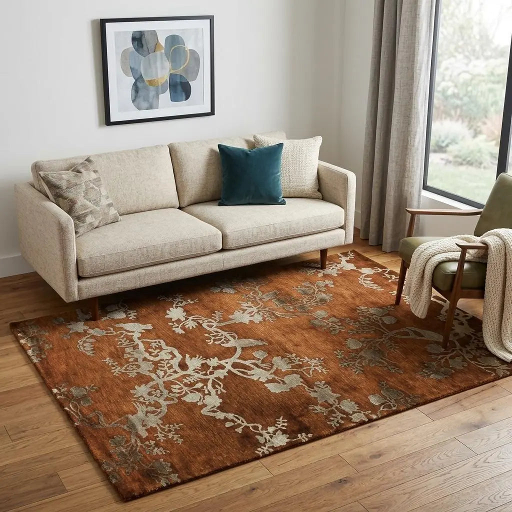 5' X 8' Brown Orange And Silver Wool Floral Hand Knotted Area Rug Homeroots Home Decor