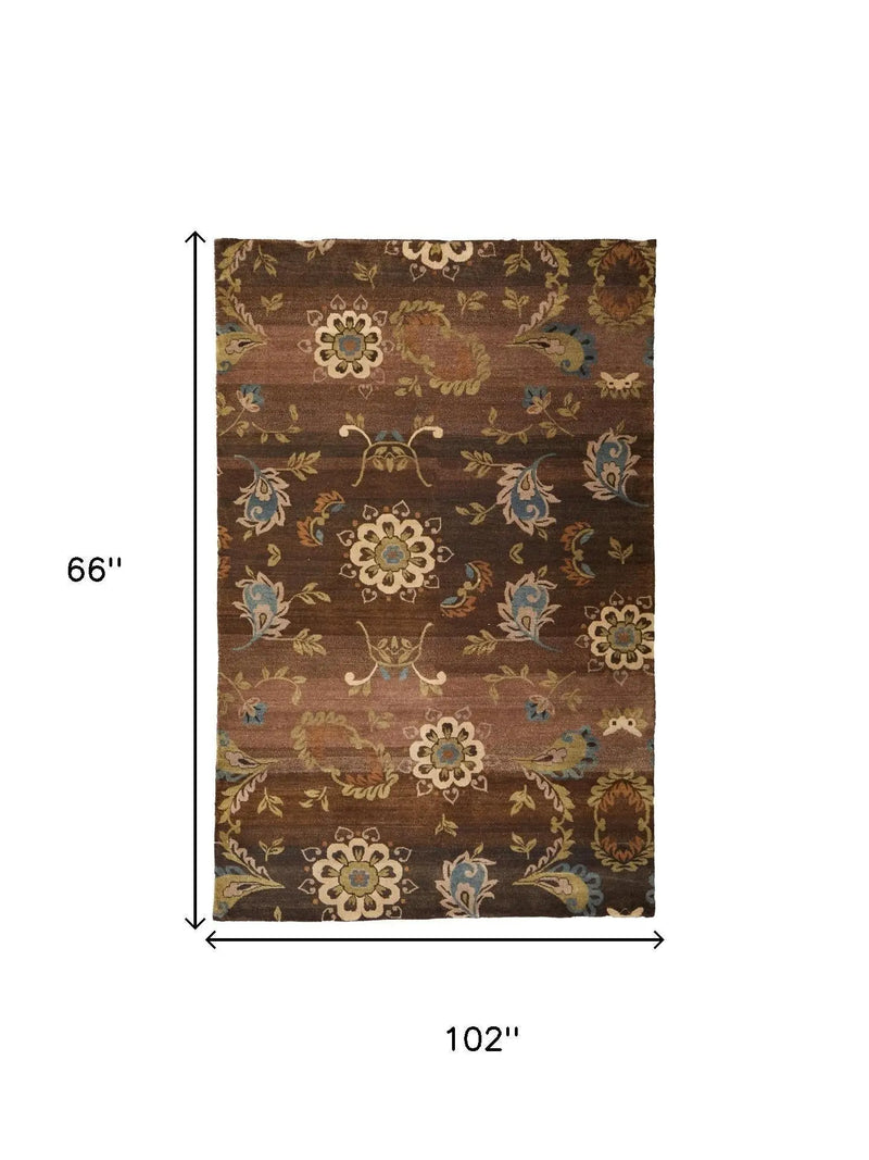 5' X 8' Brown Tan And Green Wool Floral Hand Knotted Area Rug Homeroots Home Decor