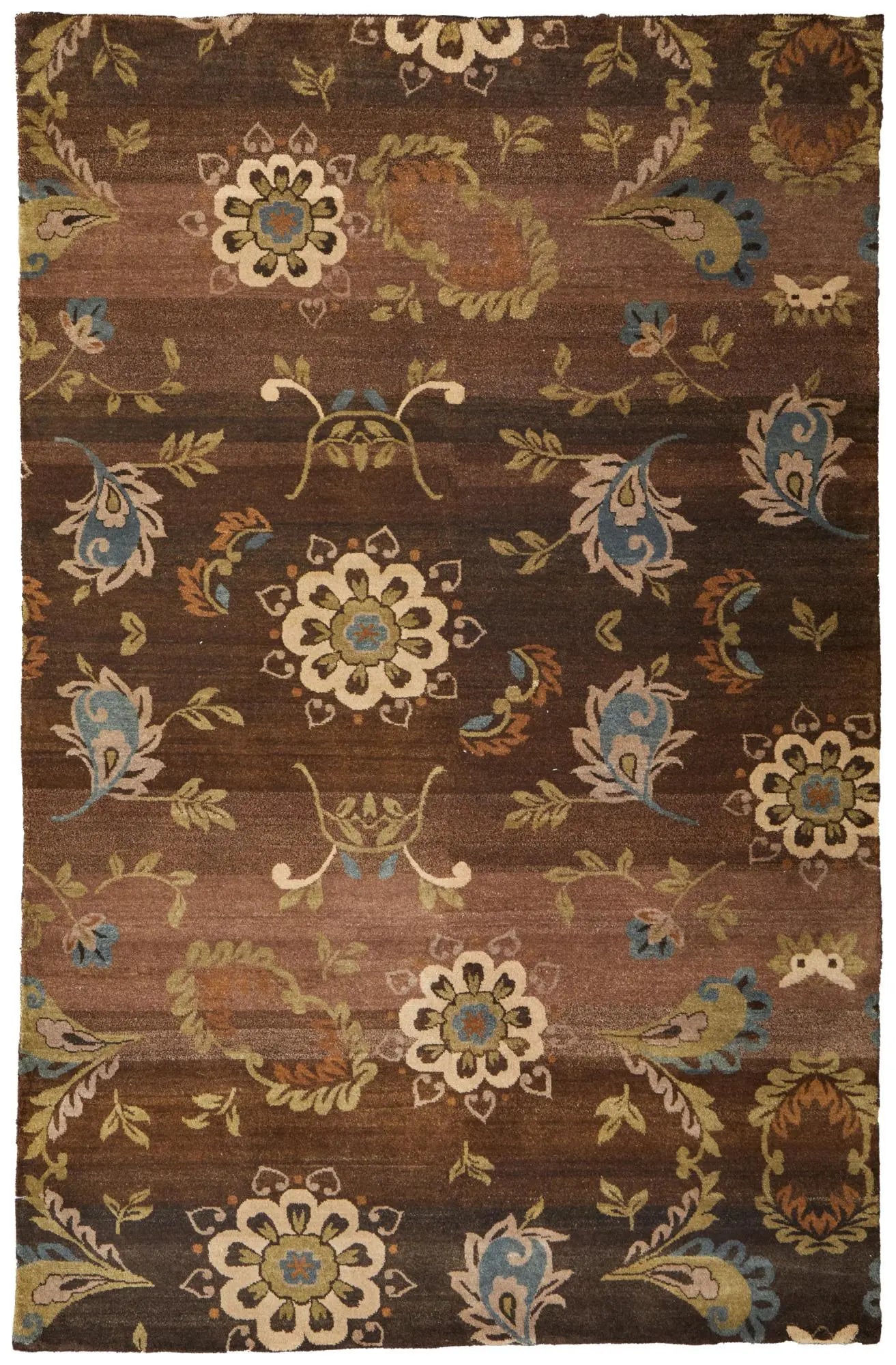 5' X 8' Brown Tan And Green Wool Floral Hand Knotted Area Rug Homeroots Home Decor