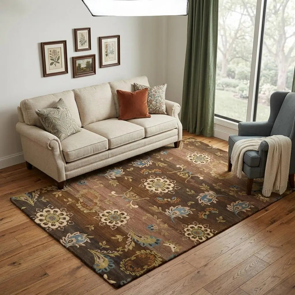 5' X 8' Brown Tan And Green Wool Floral Hand Knotted Area Rug Homeroots Home Decor