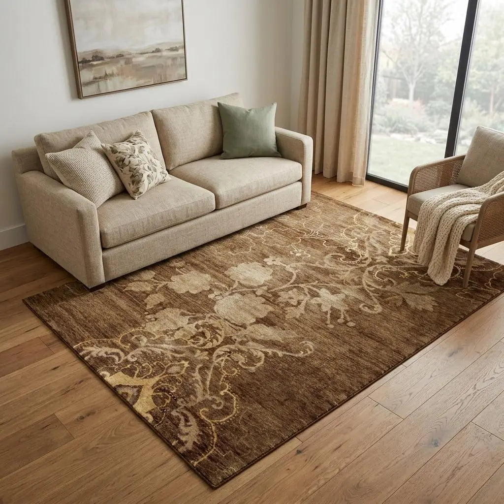 5' X 8' Brown Tan And Ivory Floral Hand Knotted Area Rug Homeroots Home Decor