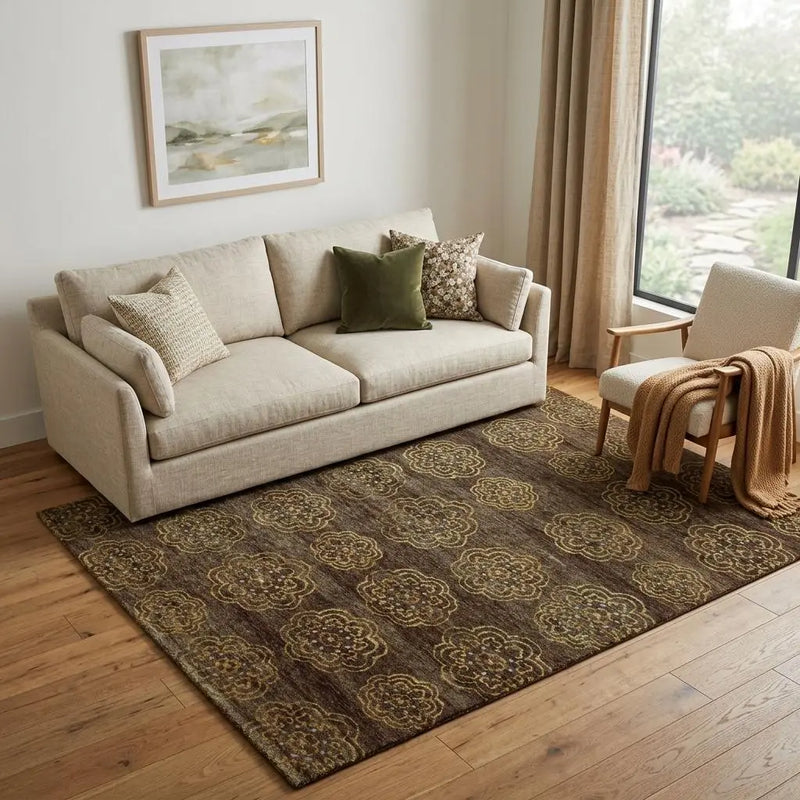 5' X 8' Brown Yellow And Gold Floral Hand Knotted Area Rug Homeroots Home Decor