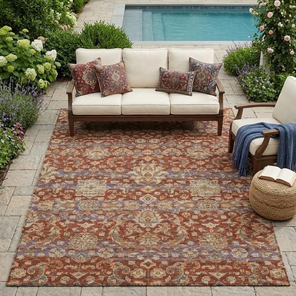 5' X 8' Burgundy And Orange Floral Medallion Washable Indoor Outdoor Area Rug Homeroots Outdoor