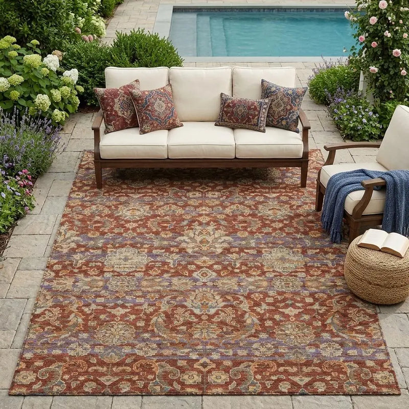 5' X 8' Burgundy And Orange Floral Medallion Washable Indoor Outdoor Area Rug Homeroots Outdoor