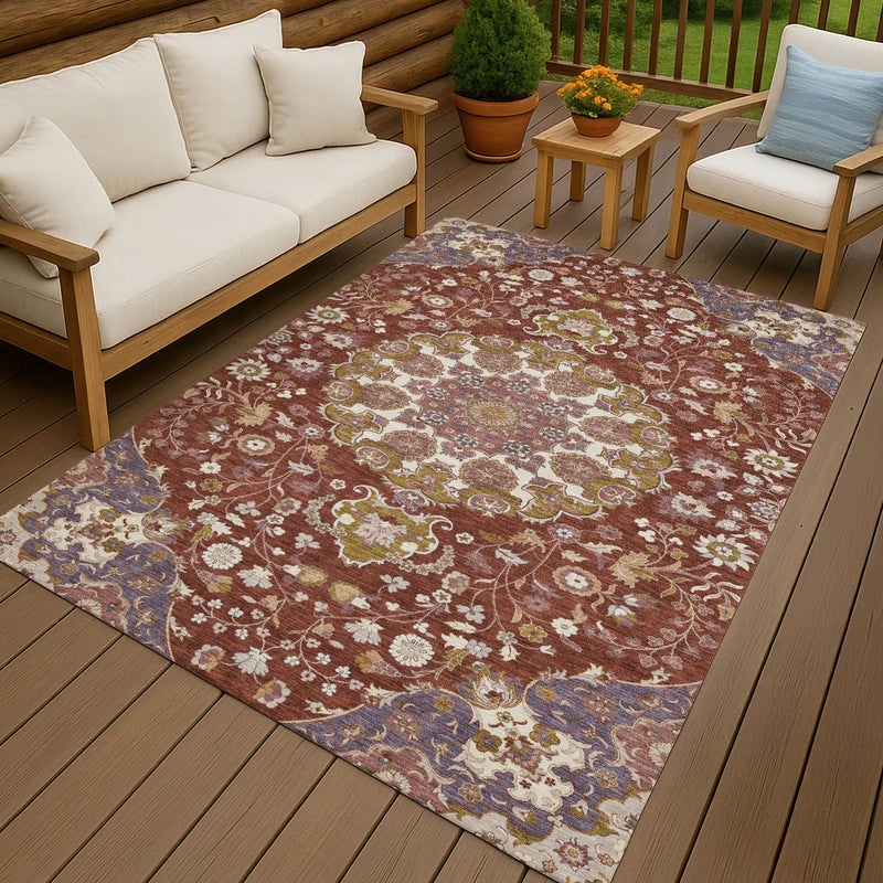 5' X 8' Burgundy And Red Damask Washable Indoor Outdoor Area Rug Homeroots Outdoor