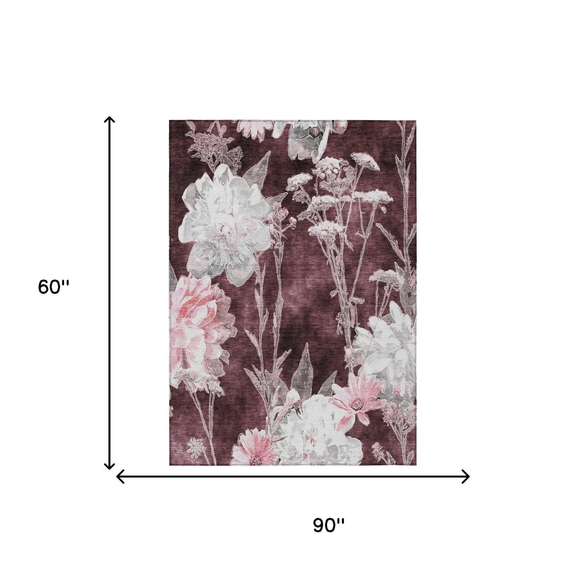 5' X 8' Burgundy And Red Floral Washable Indoor Outdoor Area Rug Homeroots Outdoor