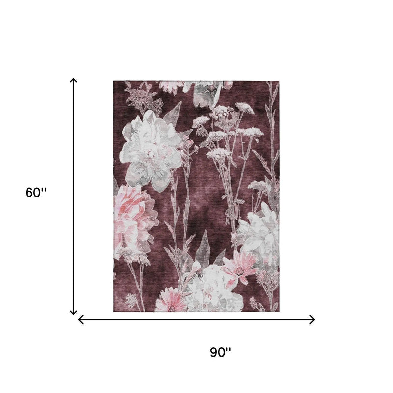 5' X 8' Burgundy And Red Floral Washable Indoor Outdoor Area Rug Homeroots Outdoor