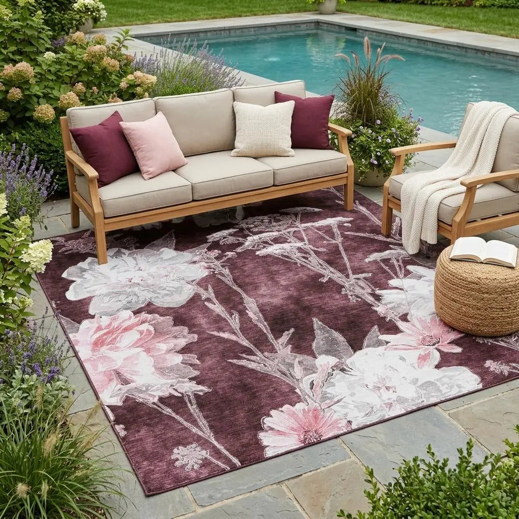 5' X 8' Burgundy And Red Floral Washable Indoor Outdoor Area Rug Homeroots Outdoor