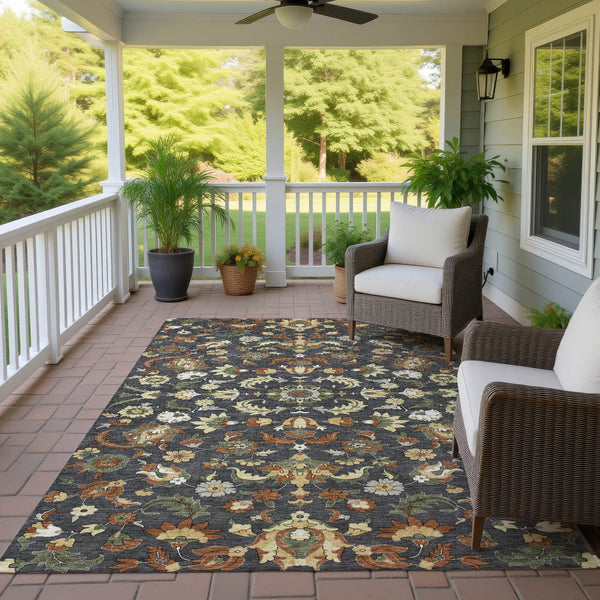5' X 8' Charcoal And Black Floral Medallion Washable Indoor Outdoor Area Rug Homeroots Outdoor