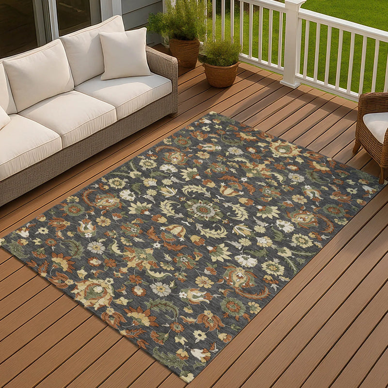 5' X 8' Charcoal And Black Floral Medallion Washable Indoor Outdoor Area Rug Homeroots Outdoor