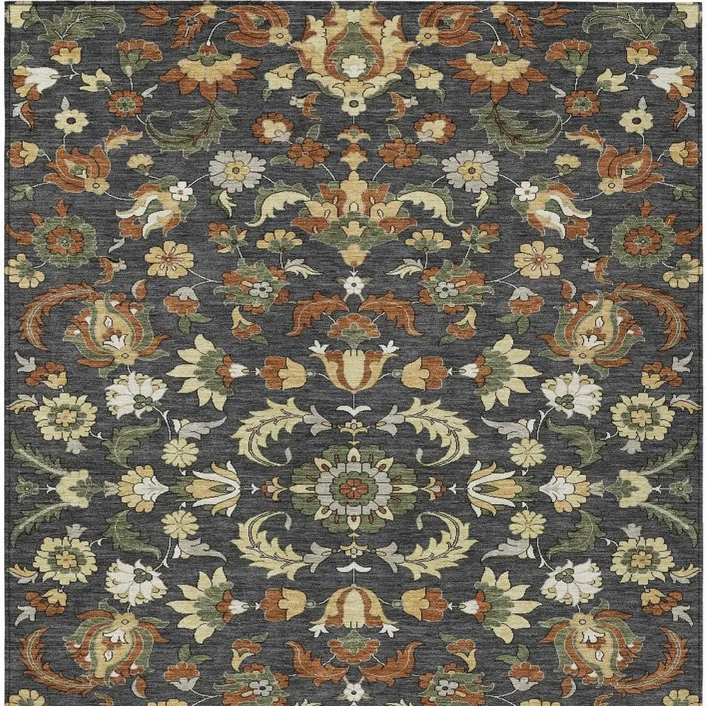 5' X 8' Charcoal And Black Floral Medallion Washable Indoor Outdoor Area Rug Homeroots Outdoor