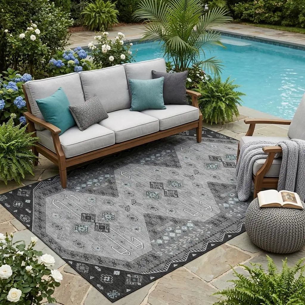 5' X 8' Charcoal And Black Geometric Washable Indoor Outdoor Area Rug Homeroots Outdoor