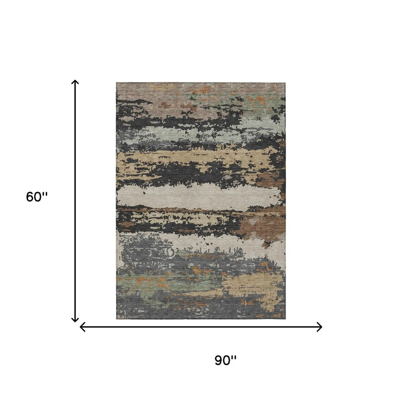 5' X 8' Charcoal And Brown Abstract Washable Indoor Outdoor Area Rug Homeroots Outdoor