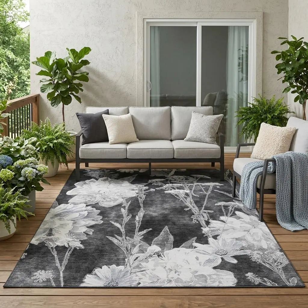 5' X 8' Charcoal And Gray Floral Washable Indoor Outdoor Area Rug Homeroots Outdoor