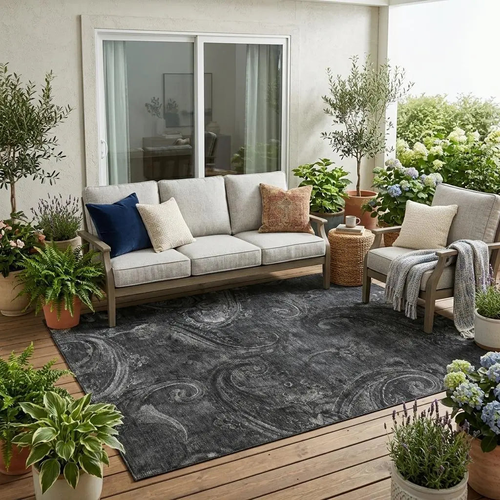 5' X 8' Charcoal And Gray Paisley Washable Indoor Outdoor Area Rug Homeroots Outdoor