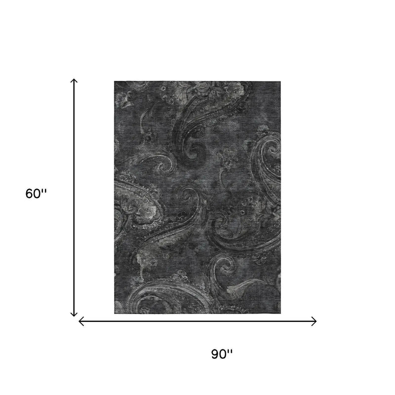 5' X 8' Charcoal And Gray Paisley Washable Indoor Outdoor Area Rug Homeroots Outdoor