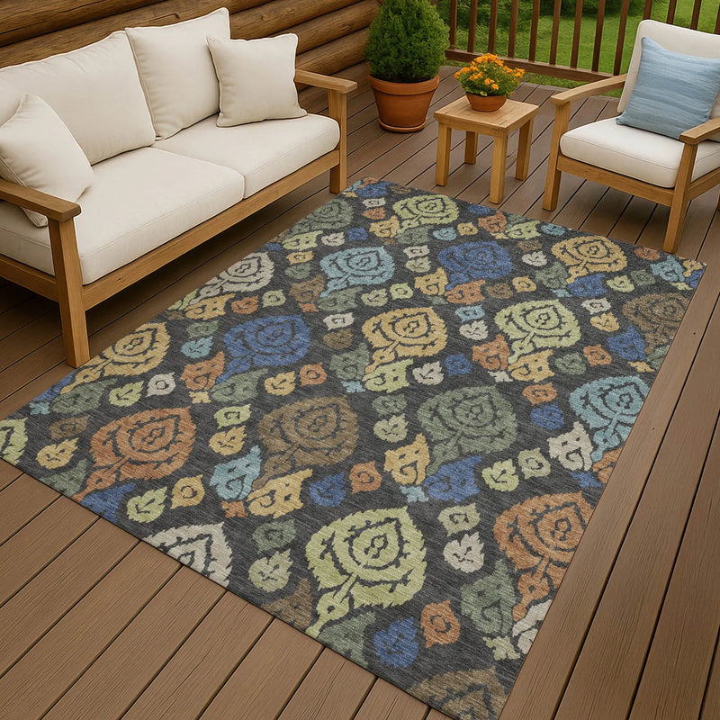 5' X 8' Charcoal And Green Damask Washable Indoor Outdoor Area Rug Homeroots Outdoor