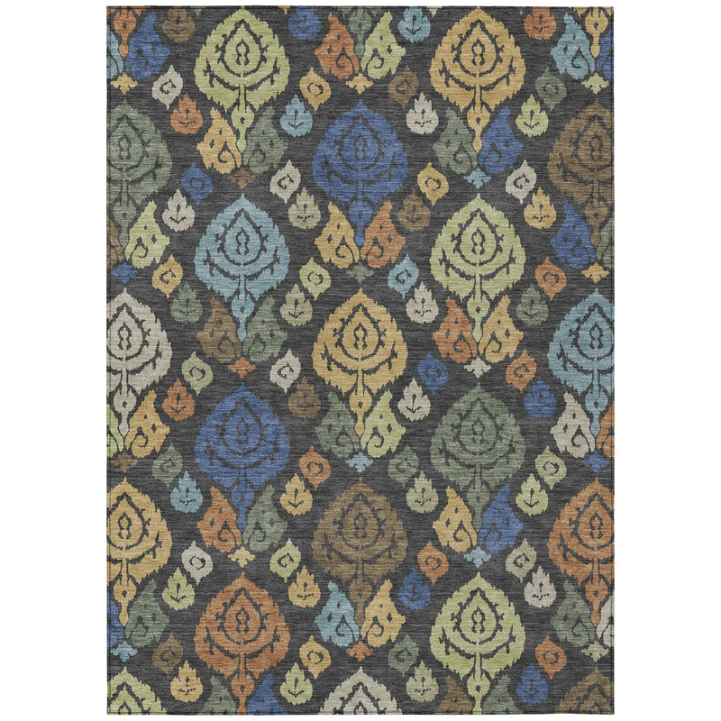 5' X 8' Charcoal And Green Damask Washable Indoor Outdoor Area Rug Homeroots Outdoor