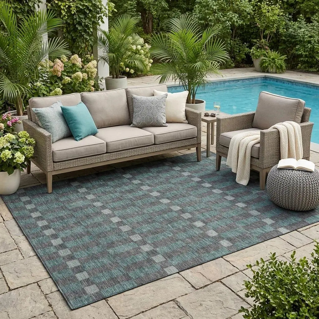5' X 8' Charcoal And Teal Blue Geometric Washable Indoor Outdoor Area Rug Homeroots Outdoor