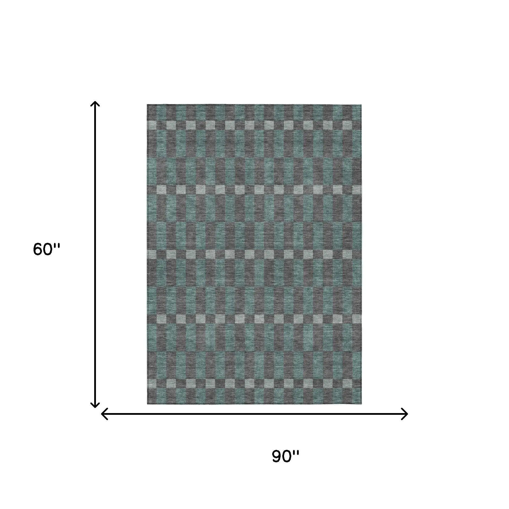5' X 8' Charcoal And Teal Blue Geometric Washable Indoor Outdoor Area Rug Homeroots Outdoor