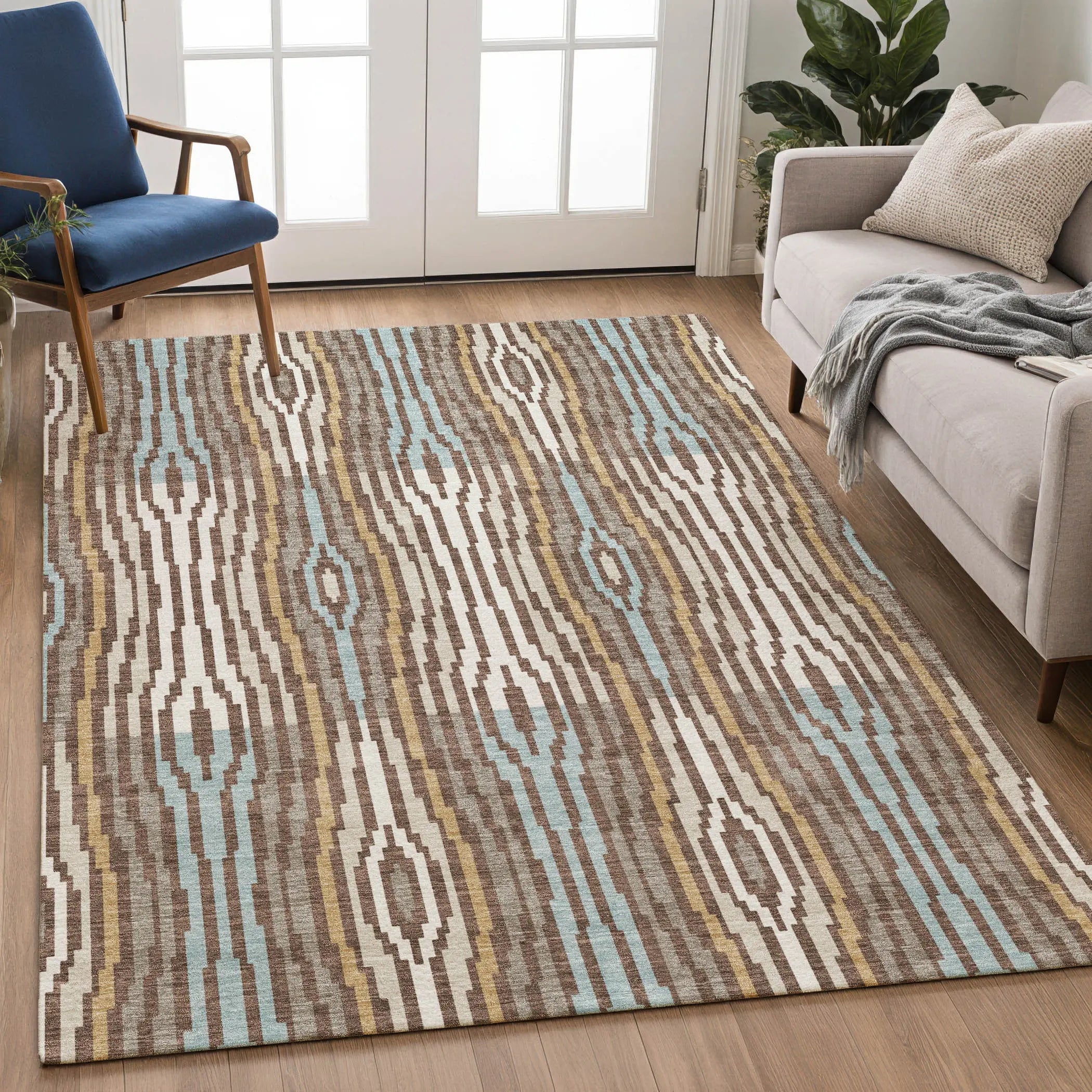 5' X 8' Chocolate And Aqua Abstract Washable Indoor Outdoor Area Rug Homeroots Outdoor
