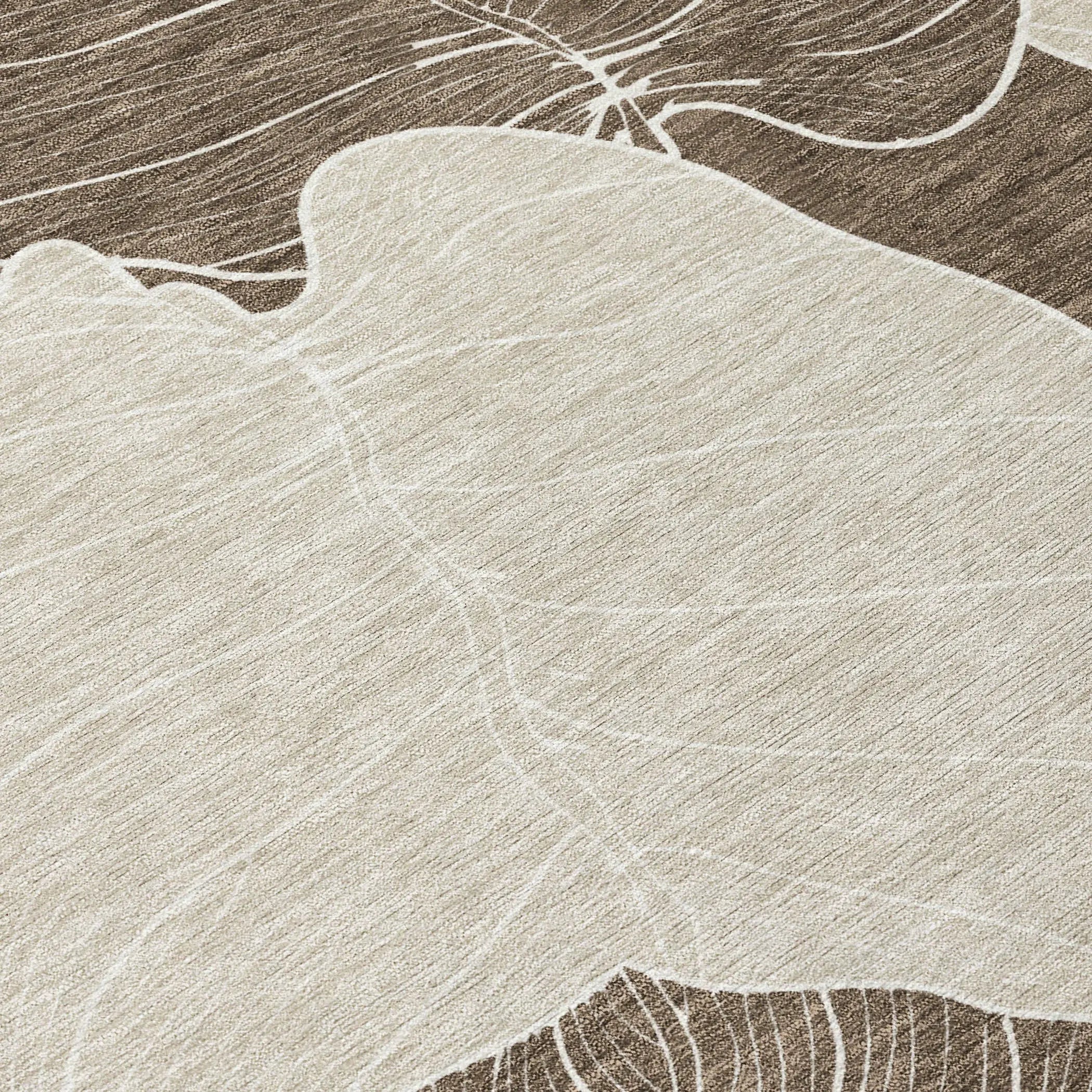 Beige and brown abstract area rug with floral design, made of durable, soft material for modern decor.