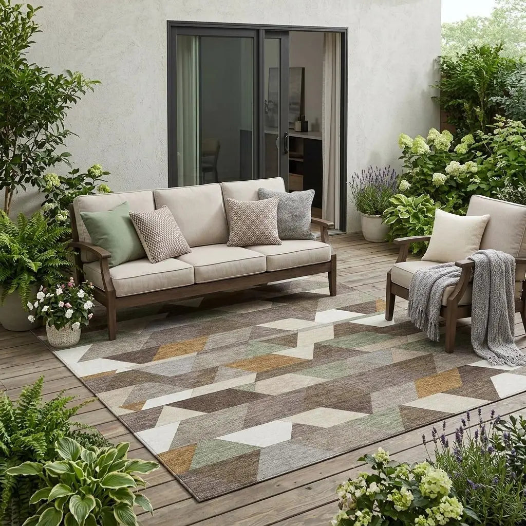 5' X 8' Chocolate And Beige Geometric Washable Indoor Outdoor Area Rug Homeroots Outdoor