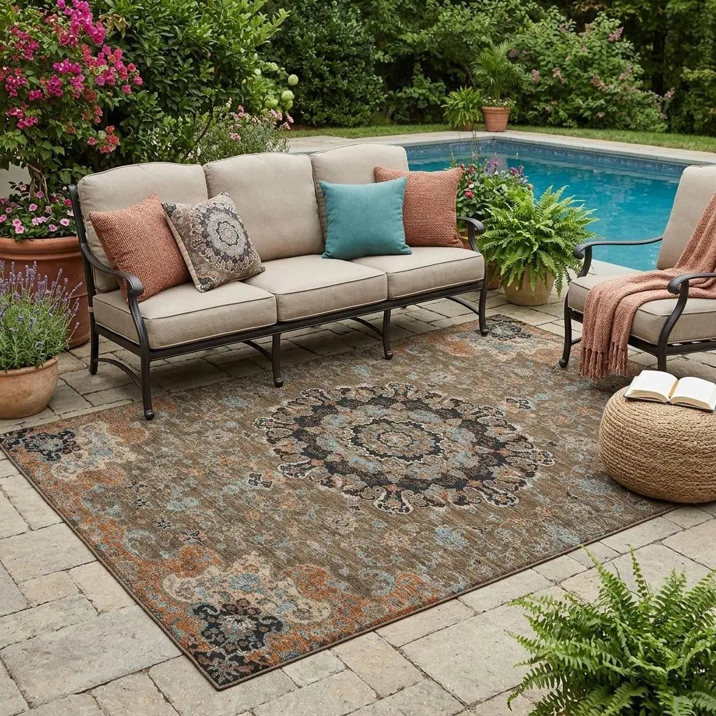 5' X 8' Chocolate And Black Floral Medallion Washable Indoor Outdoor Area Rug Homeroots Outdoor