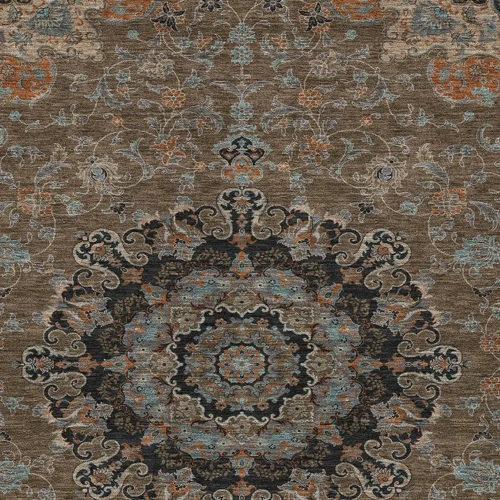 5' X 8' Chocolate And Black Floral Medallion Washable Indoor Outdoor Area Rug Homeroots Outdoor
