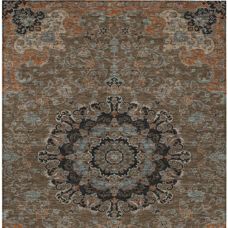5' X 8' Chocolate And Black Floral Medallion Washable Indoor Outdoor Area Rug Homeroots Outdoor