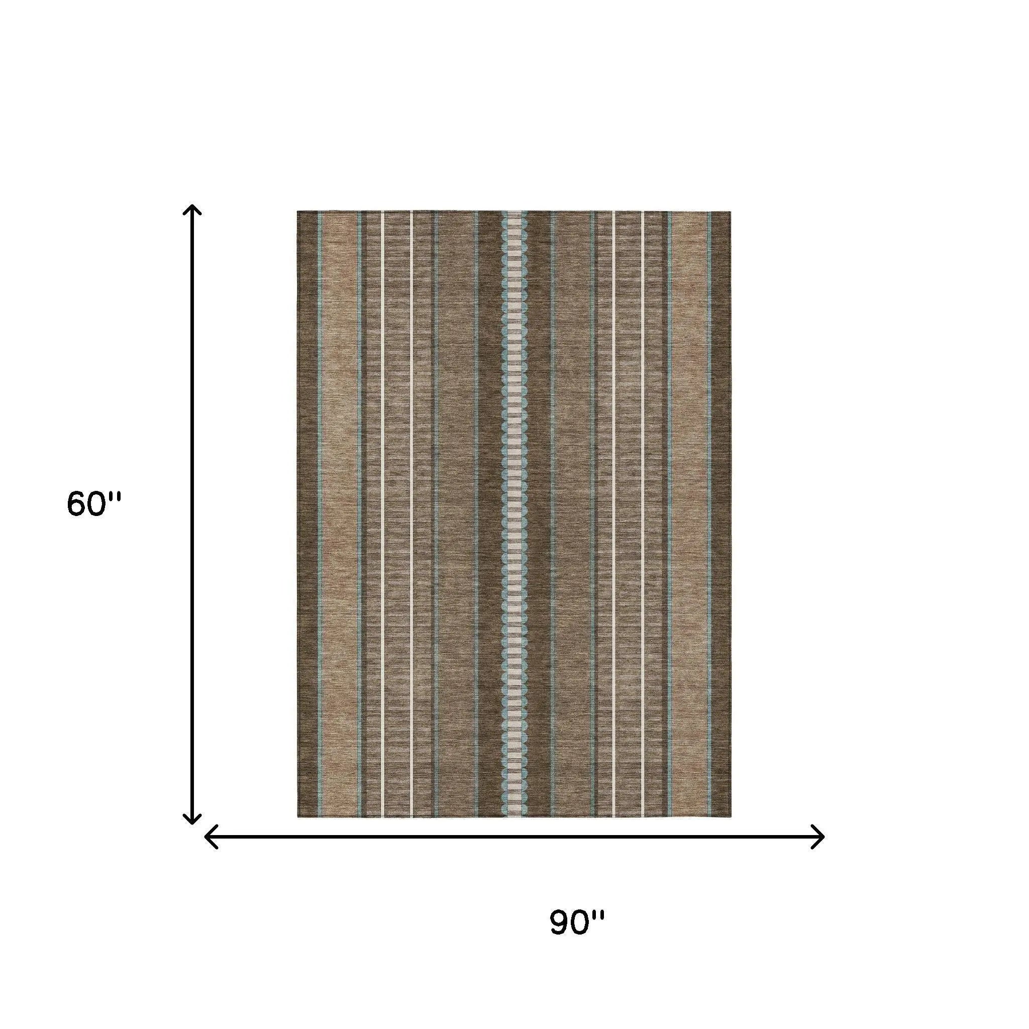 5' X 8' Chocolate And Blue Striped Washable Indoor Outdoor Area Rug Homeroots Outdoor