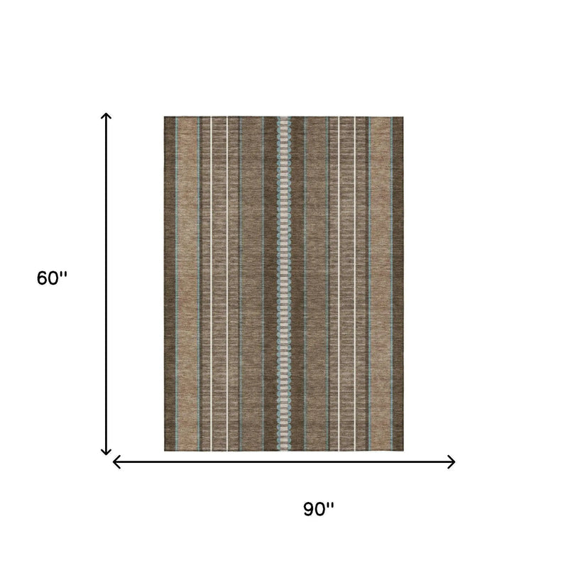 5' X 8' Chocolate And Blue Striped Washable Indoor Outdoor Area Rug Homeroots Outdoor