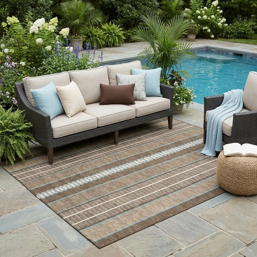 5' X 8' Chocolate And Blue Striped Washable Indoor Outdoor Area Rug Homeroots Outdoor