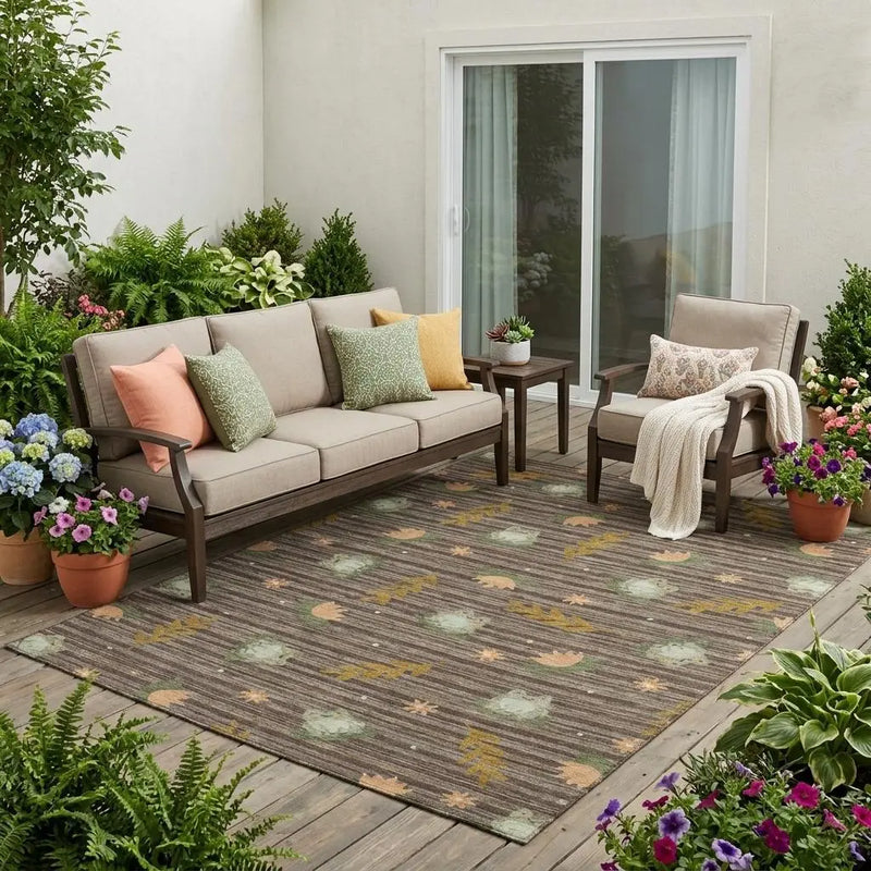 5' X 8' Chocolate And Brown Botanical Leaves Washable Indoor Outdoor Area Rug Homeroots Outdoor