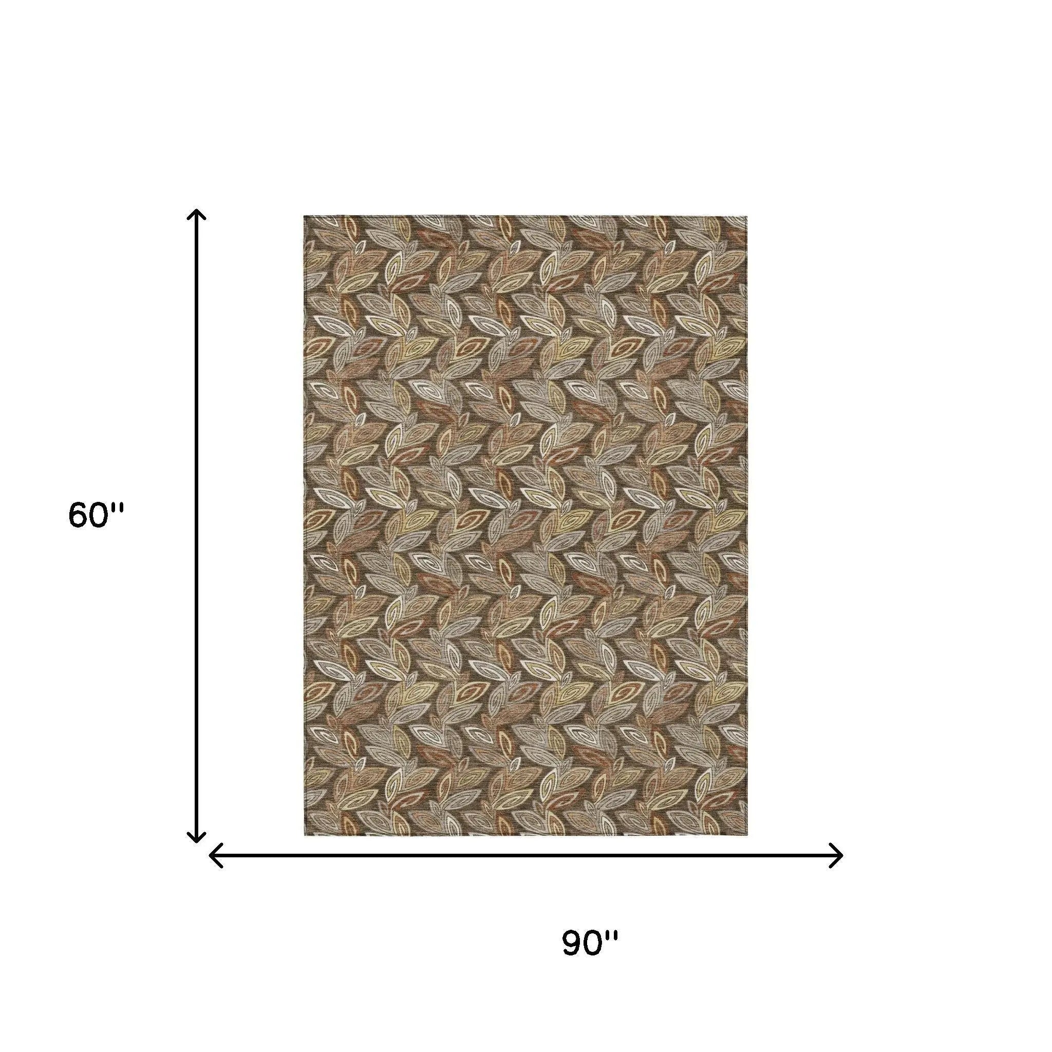 5' X 8' Chocolate And Brown Botanical Leaves Washable Indoor Outdoor Area Rug Homeroots Outdoor
