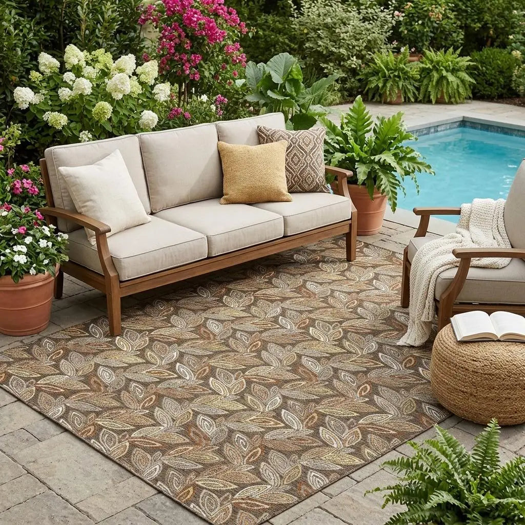 5' X 8' Chocolate And Brown Botanical Leaves Washable Indoor Outdoor Area Rug Homeroots Outdoor