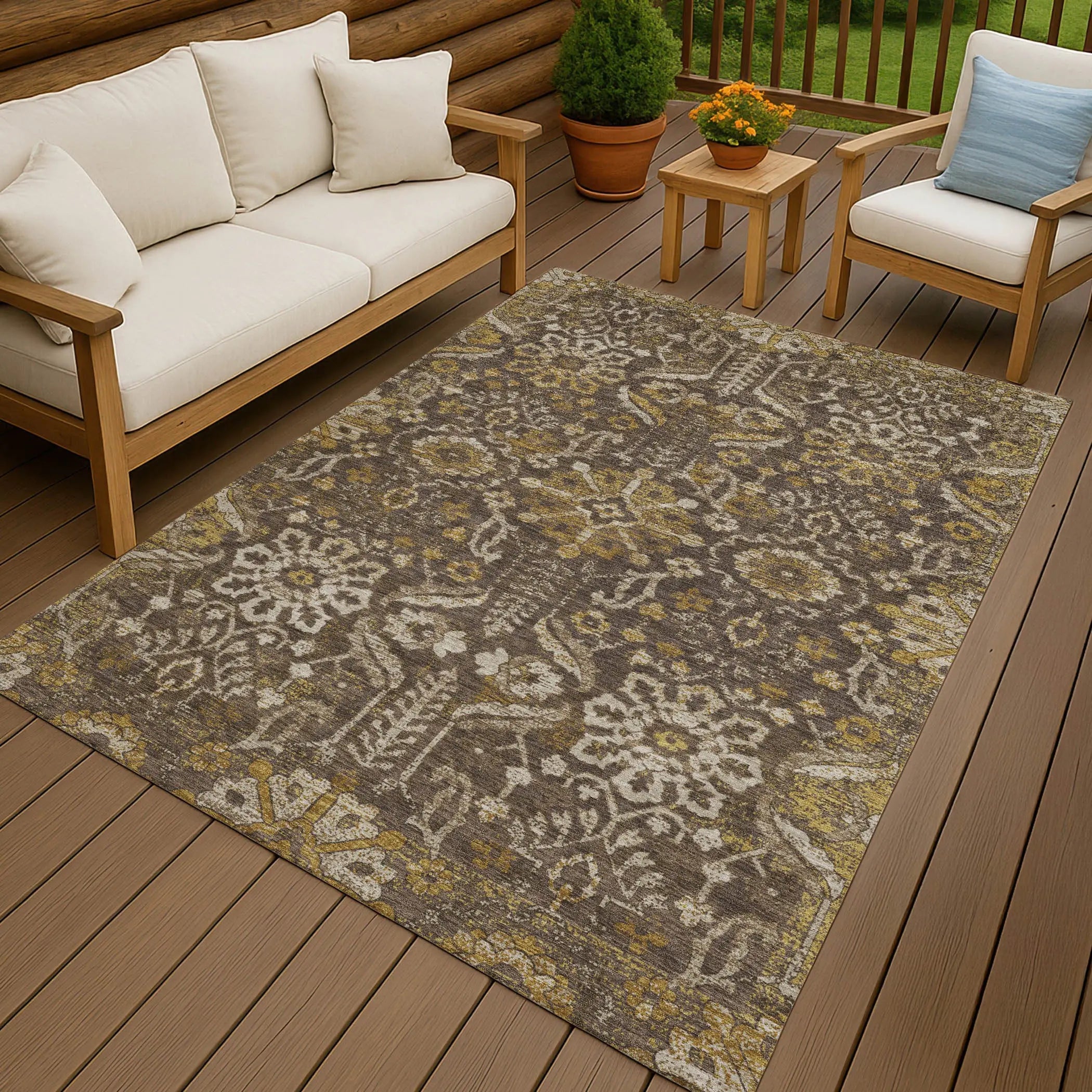 5' X 8' Chocolate And Brown Damask Washable Indoor Outdoor Area Rug Homeroots Outdoor