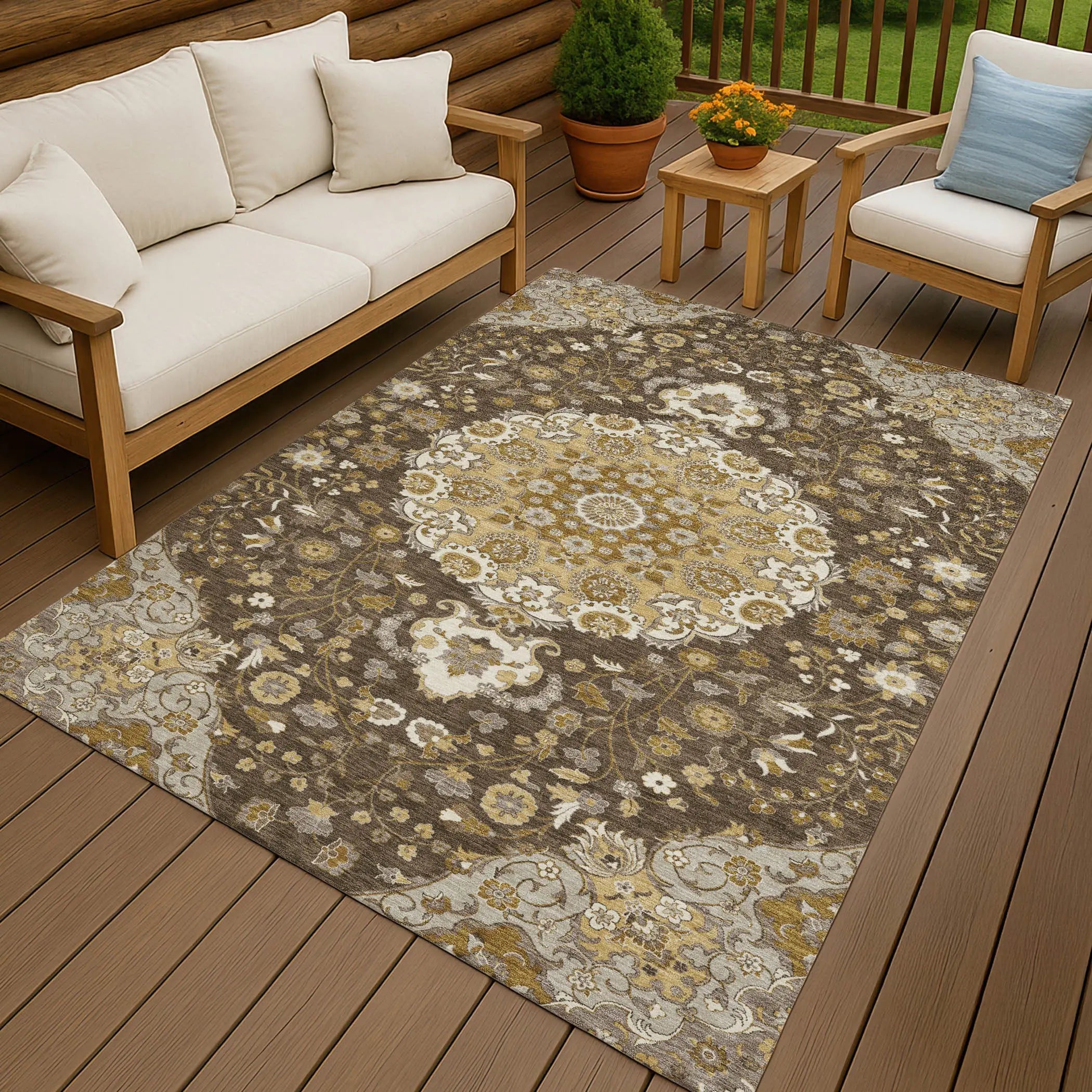 5' X 8' Chocolate And Brown Damask Washable Indoor Outdoor Area Rug Homeroots Outdoor