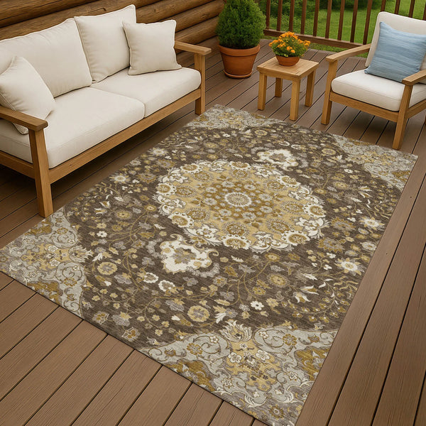 5' X 8' Chocolate And Brown Damask Washable Indoor Outdoor Area Rug Homeroots Outdoor