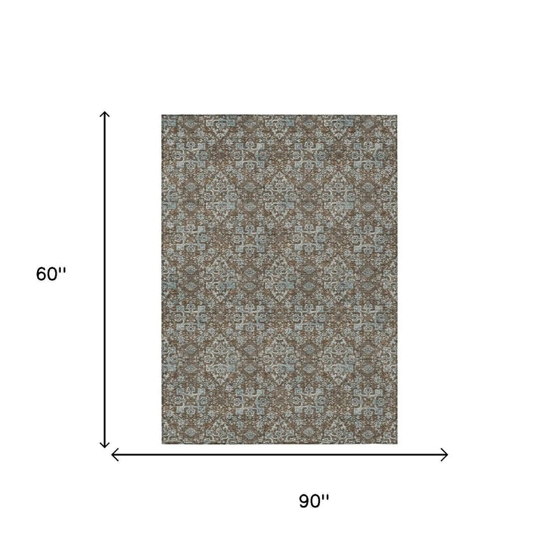5' X 8' Chocolate And Brown Damask Washable Indoor Outdoor Area Rug Homeroots Outdoor