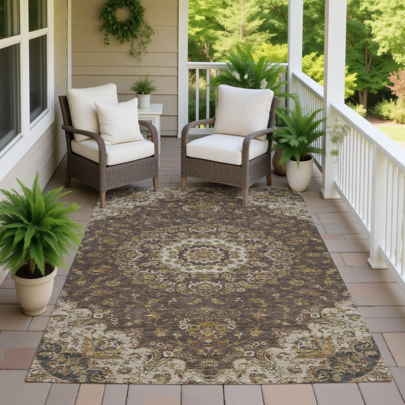 5' X 8' Chocolate And Brown Floral Medallion Washable Indoor Outdoor Area Rug Homeroots Outdoor