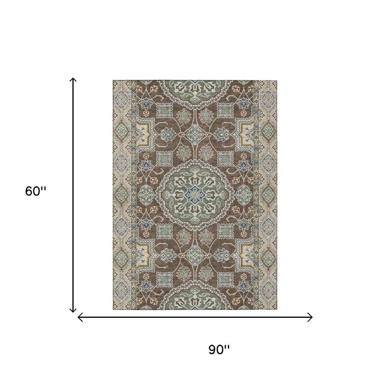 5' X 8' Chocolate And Brown Floral Medallion Washable Indoor Outdoor Area Rug Homeroots Outdoor